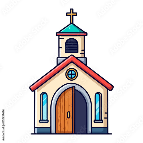 Flat design of a Catholic church, with a cross on the tower and an open wooden door. Vector flat design cartoon. AI generated images.