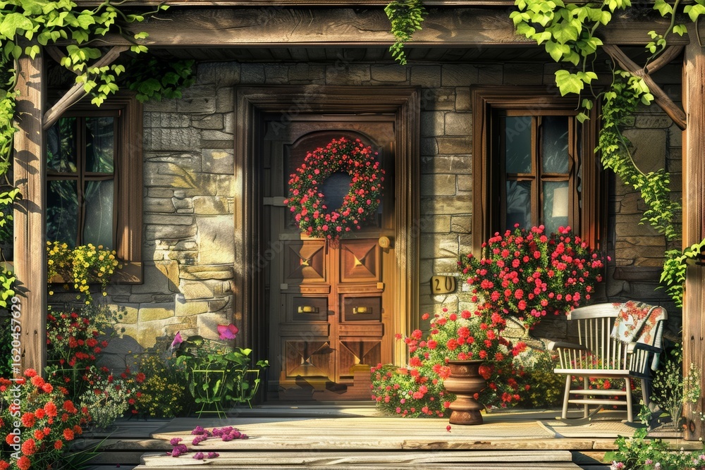 Naklejka premium Wooden house porch with flowers