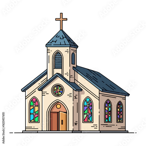 Flat design of a Catholic church, with a cross on the tower and an open wooden door. Vector flat design cartoon. AI generated images.