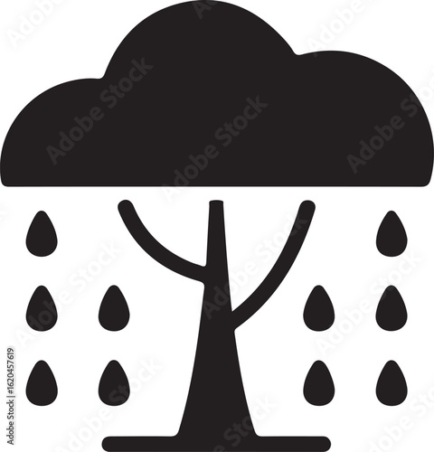 Rain Tree Silhouette Vector Icon, Stylized Tree with Raindrops in Black, tree symbol icon.