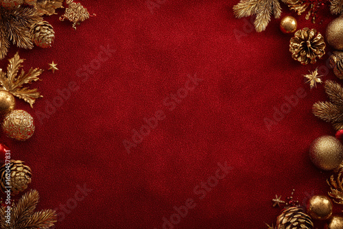 Festive red velvet background framed by golden pinecones, ornaments, stars, and fir branches, perfect for holiday cards or seasonal promotions
