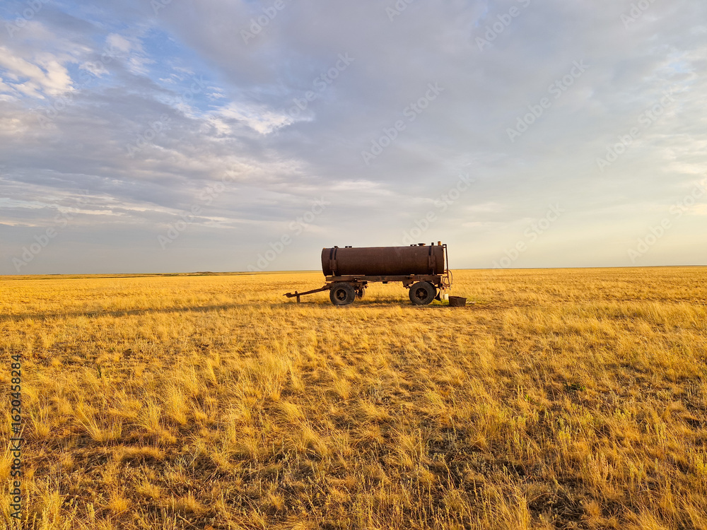 Fototapeta premium An old rusty water tank trailer stands alone in a vast golden steppe under a dramatic sky. Concept of solitude, abandonment, and rural landscape.