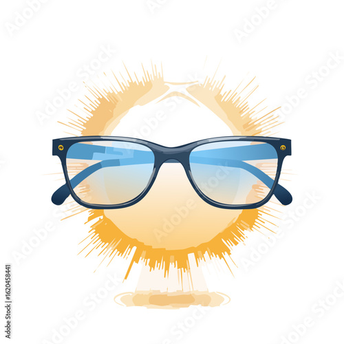 Blue framed glasses on stylized sunny background Summer sun protection eyewear Stylish sunglasses fashion Trendy eyewear accessory