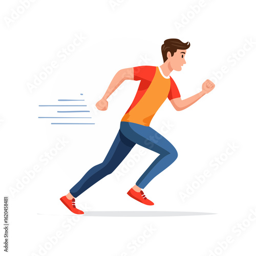 Cartoon man running fast in red shoes, orange shirt, and blue jeans, with speed lines on a black background, vector illustration.