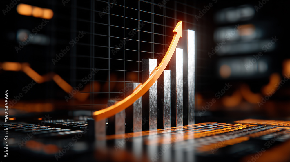 Obraz premium A luminous upward arrow sweeps over stacked metallic bars on a digital grid, illustrating accelerating revenue and market momentum. 