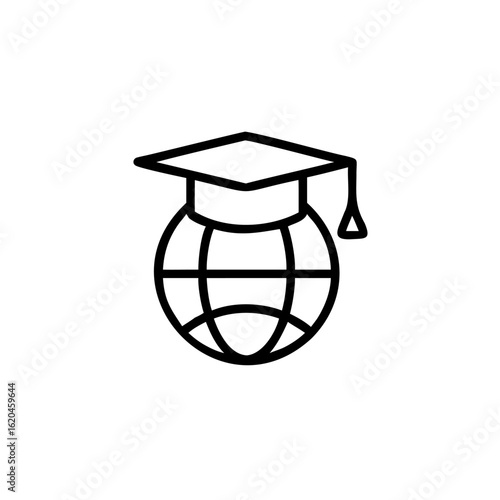 Outline graduation cap on globe icon world education
