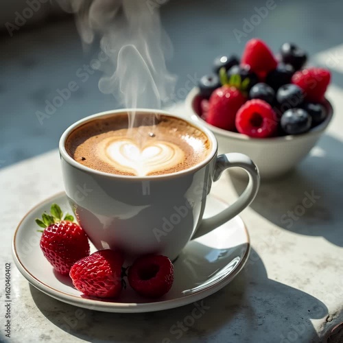 Fresh Fruit and Cappuccino on a Bright Morning Table. Cappuccino with Berries in Clean, Minimal Style. Juicy Fruits and Hot Cappuccino in Healthy Café Scene. Morning Coffee and Seasonal Fruit Pairing.