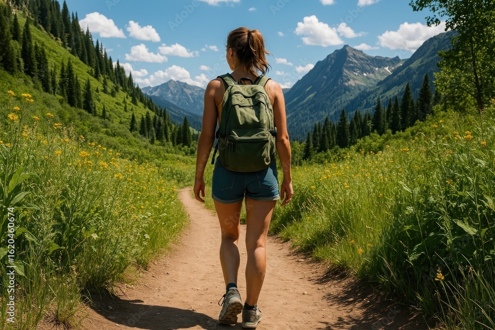 Naklejka premium Woman hiking scenic mountain trail.