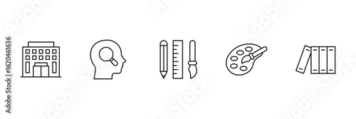 Education creativity research school building mind exploration pencil ruler paintbrush palette books knowledge learning tools icon vector illustration.