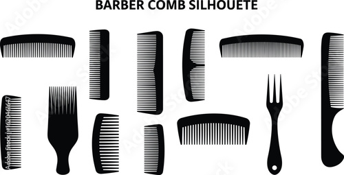 Barber comb silhouette collection, hair styling tools vector, isolated grooming combs, professional barbershop equipment design for hairstylist, salon, clipart, poster, and digital artwork
