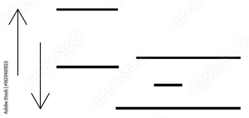Arrow pointing up and down alongside six horizontal lines of varying lengths, emphasizing order, direction, and design. Ideal for navigation, workflow, process layout, hierarchy, education creative