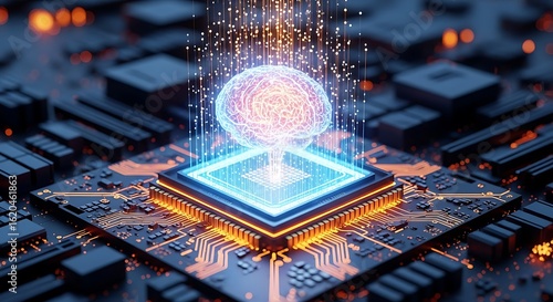 Photo of artificial intelligence brain on a computer chip representing advanced technology