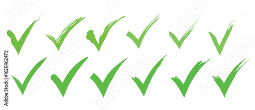 Green check mark icon set, click and right. Tick symbol in green color. Hand drawn checkmark illustration. Vector illustration