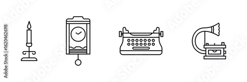 Vintage household decorative communication utility retro device collection nostalgic icon vector illustration for classic interior and antique item design.