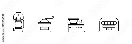 Vintage lantern grinder heater burner radio appliance outline icon vector illustration for antique household interior tool and retro equipment use.