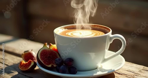 Fresh Fruit and Cappuccino on a Bright Morning Table. Cappuccino with Berries in Clean, Minimal Style. Juicy Fruits and Hot Cappuccino in Healthy Café Scene. Morning Coffee and Seasonal Fruit Pairing.