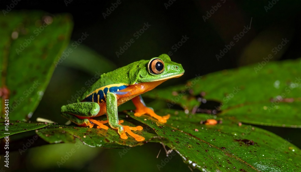 Naklejka premium Glass frog resting on green leaf closeup