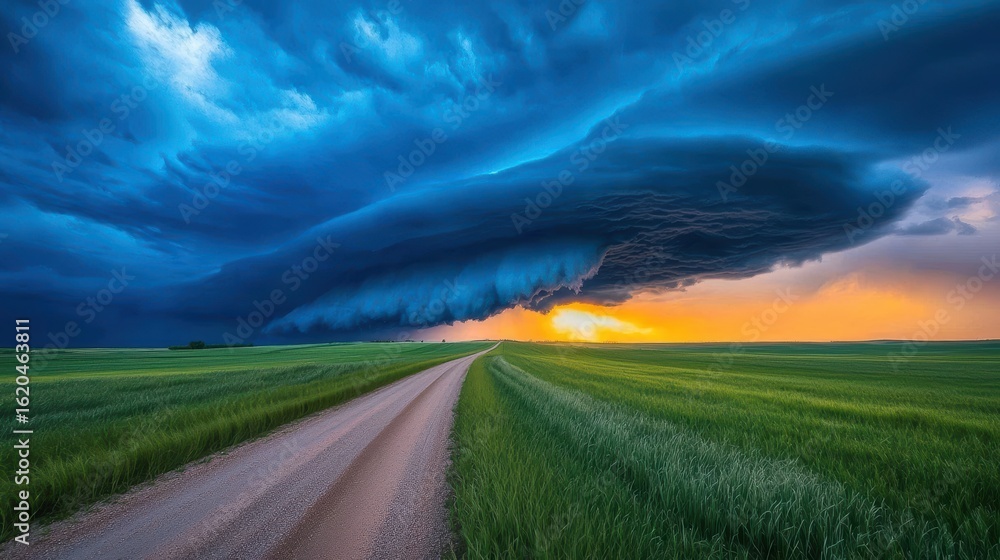 Fototapeta premium Dark stormy clouds with a vibrant sunset in the background, displaying nature dramatic contrast.