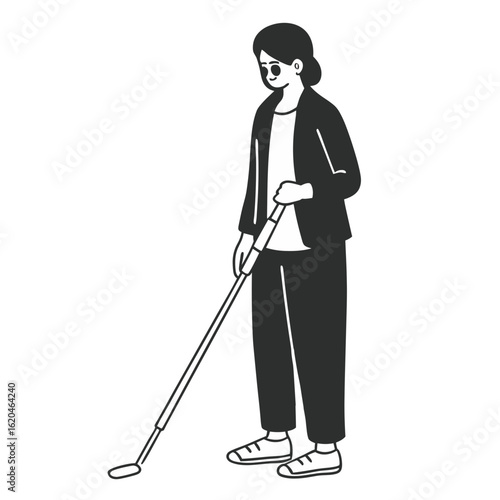 A young visually impaired woman with a white cane explores her surroundings in a minimalist style with a transparent background