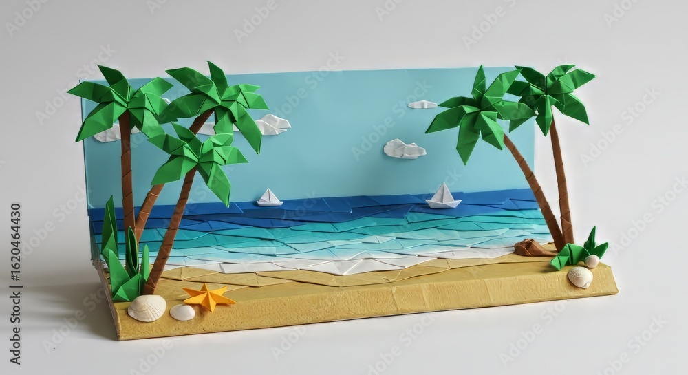 Obraz premium Paper paradise beach scene with origami palm trees sailboats and seashells textured paper with