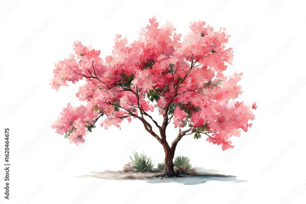 Obraz premium Watercolor flowering tree design for garden landscapes and environmental projects, ideal for nature enthusiasts and landscape architects seeking inspiration and creativity