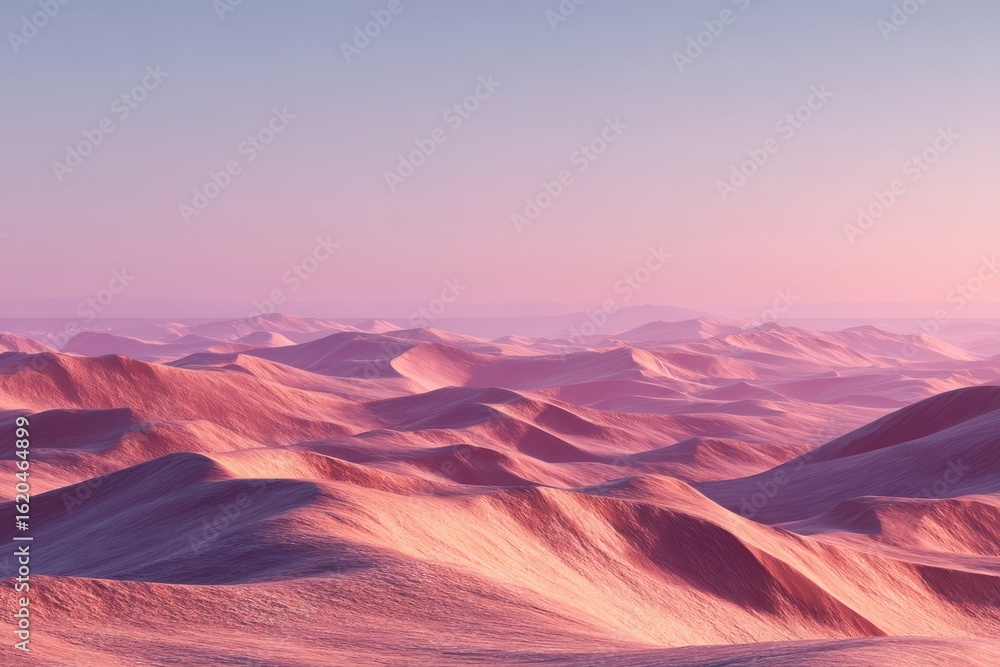 Naklejka premium Tranquil desert scenery showcasing gentle pink sand dunes bathed in golden sunset glow for serene ambiance and relaxation