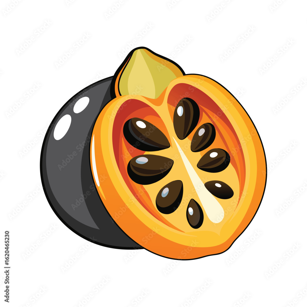 Fototapeta premium Ripe Black Persimmon Fruit with Seeded Slice on White Background