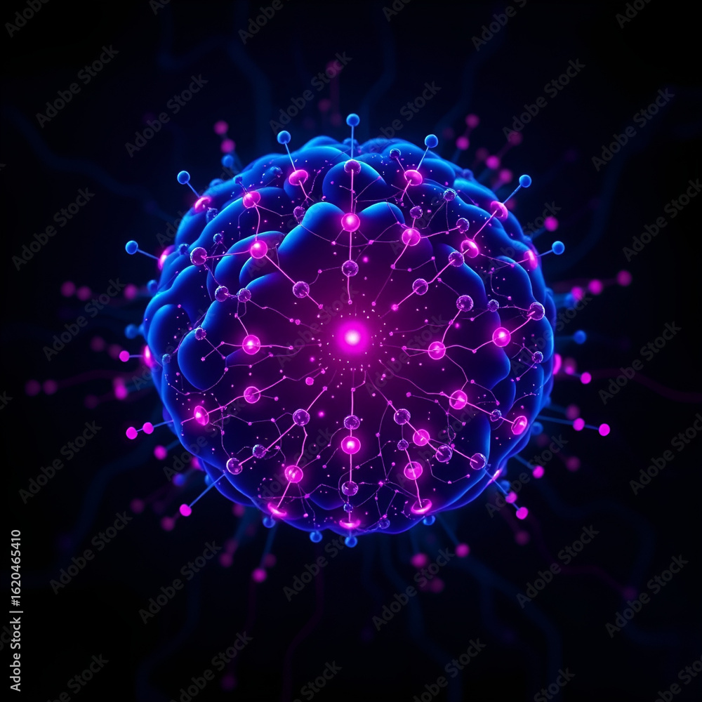 Obraz premium Future Technology logo (for AI companies) A glowing neural network core with interconnected dots and fluid lines, dark blue and electric purple. 