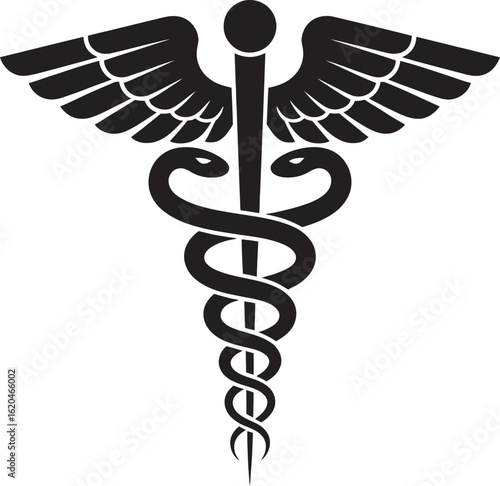 Vector of Caduceus symbol representing medicine and healthcare, with snakes and wings on a white background—suitable for logos, educational graphics, and clinical presentation designs