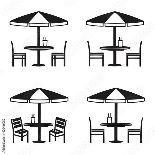 Four identical black silhouette illustrations of outdoor cafe tables with umbrellas and chairs vector