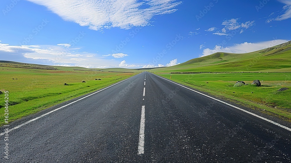 Naklejka premium Highway Horizons: Dynamic Picture of Asphalt Highway – Smooth Black Pavement Cutting Through Green Fields and Distant Hills, Yellow Center Lines, Roadside Guardrails, and Trucks Speeding Under a Cloud