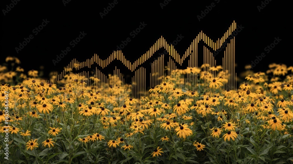Fototapeta premium Vibrant Yellow Flowers with Abstract Data Visualization Overlay in Dark Background for Creative Concepts
