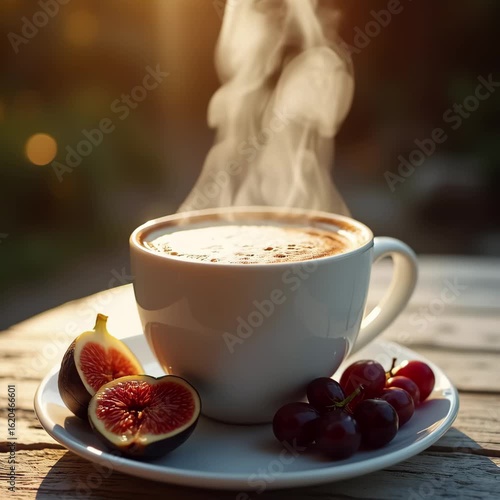 Fresh Fruit and Cappuccino on a Bright Morning Table. Cappuccino with Berries in Clean, Minimal Style. Juicy Fruits and Hot Cappuccino in Healthy Café Scene. Morning Coffee and Seasonal Fruit Pairing.
