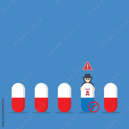 Fake medicine. Pill and tablet with criminal selling illegal drugs. Fake drugs, pharmaceutical. Symbolic for harmful counterfeit pills, risk and danger of illegal produced and sold pharmaceuticals.