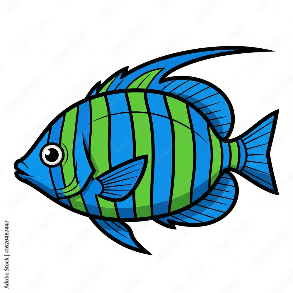 Fototapeta premium Colorful Cartoon Fish Illustration: Playful Underwater Marine Life in Blue & Green Stripes - Vector Art for Educational Use