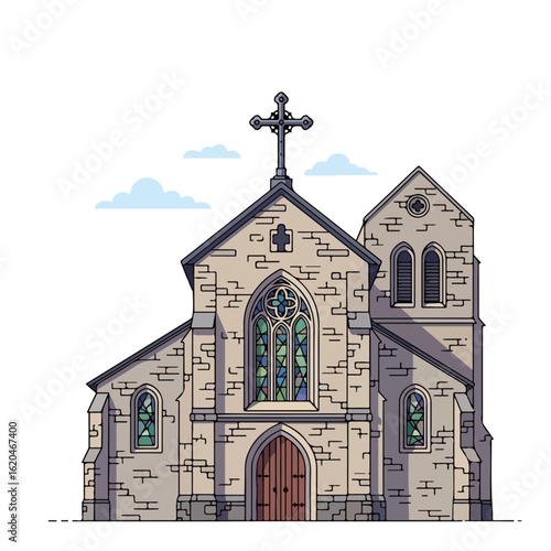 Flat design of an old Catholic church, stone walls and an old iron cross on top. Vector flat design cartoon. AI generated images.