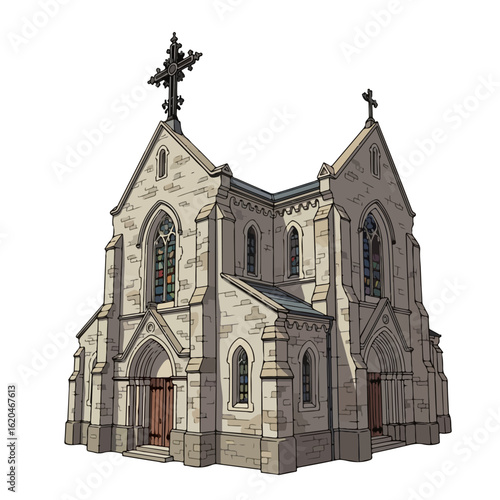 Flat design of an old Catholic church, stone walls and an old iron cross on top. Vector flat design cartoon. AI generated images.