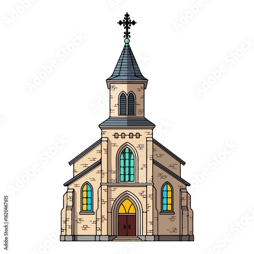 Flat design of an old Catholic church, stone walls and an old iron cross on top. Vector flat design cartoon. AI generated images.