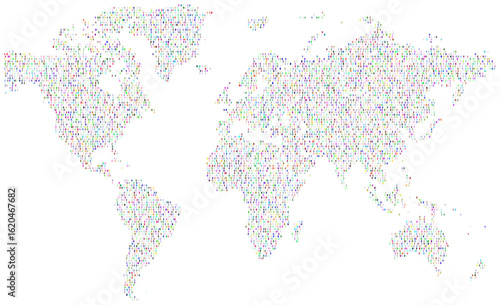 World map dotted with squire multicolour shapes showing colourful continents. A modern theme for global business visualization and abstract cartographic concepts.