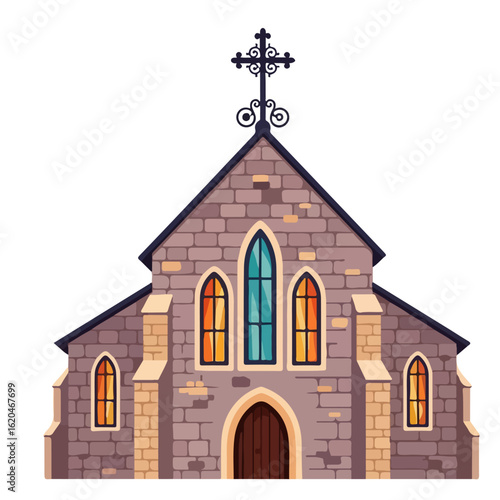 Flat design of an old Catholic church, stone walls and an old iron cross on top. Vector flat design cartoon. AI generated images.