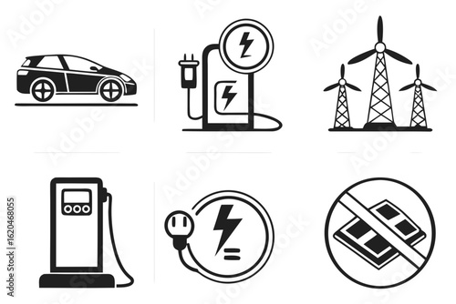 Electric Vehicle Charging and Renewable Energy Icons.