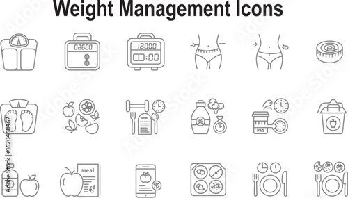 Collection of thin line icons for weight management and healthy lifestyle weight scale fitness tracker