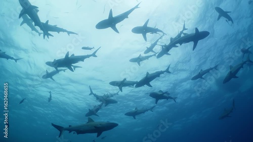 Group of sharks swimming underwater.
