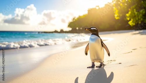 Penguin wades on sand, tropical beach