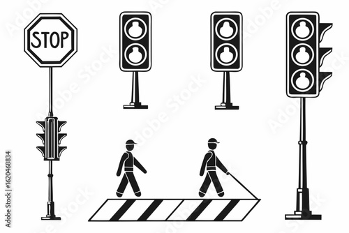 Traffic Signals and Pedestrian Crossing Icons.