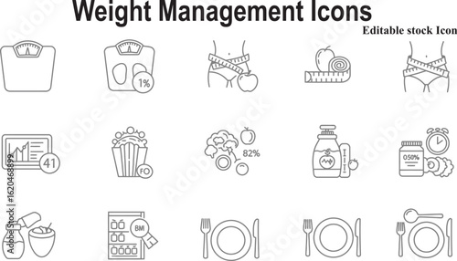 Weight management icons set with scale measuring tape apples food pills and plate weight scale