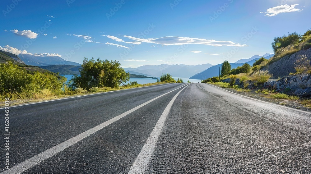 Fototapeta premium Highway Horizons: Dynamic Picture of Asphalt Highway – Smooth Black Pavement Cutting Through Green Fields and Distant Hills, Yellow Center Lines, Roadside Guardrails, and Trucks Speeding Under a Cloud