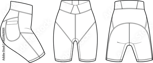 High waist biker shorts technical flat, activewear vector template, workout fitness shorts with pocket design, women’s gymwear illustration drawing
