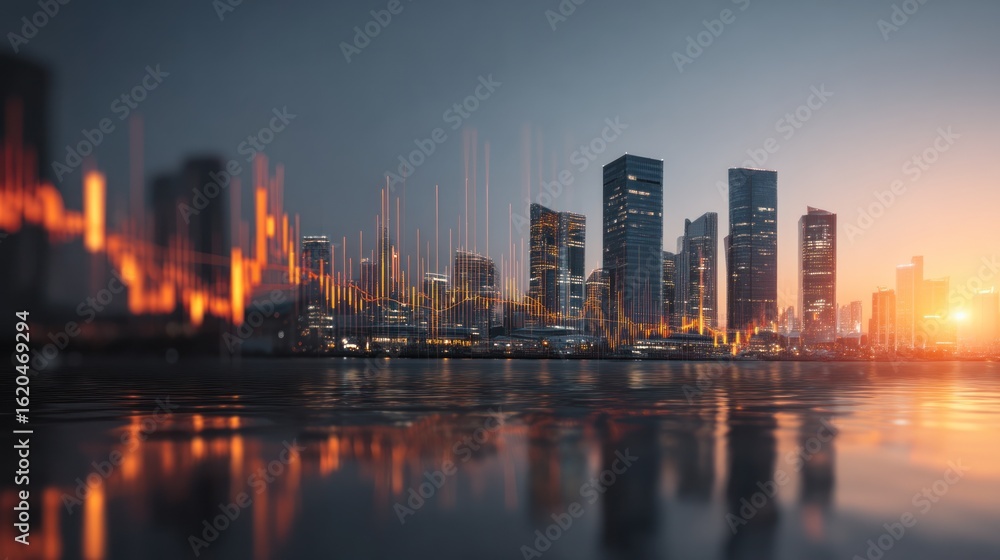 Fototapeta premium Financial data visualization over a modern city skyline at sunset