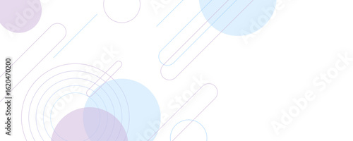 Abstract geometric colorful overlapping circles seamless pattern on white background banner design. Glowing blue pastel vector art.